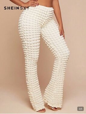 SHEIN Cream Textured Flare Knit Pants